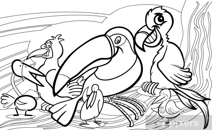 Sticker exotic birds group coloring page