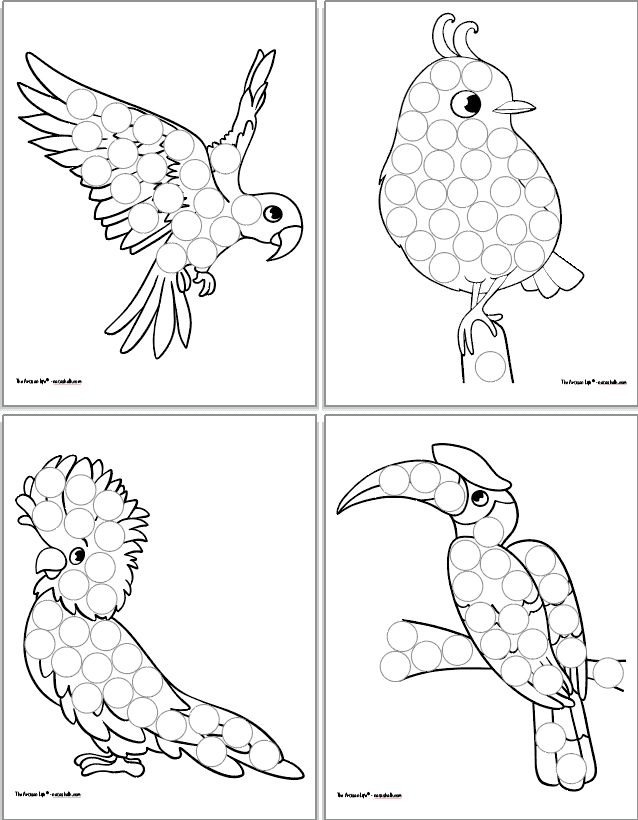 Free printable tropical bird do a dot pages for toddlers preschoolers