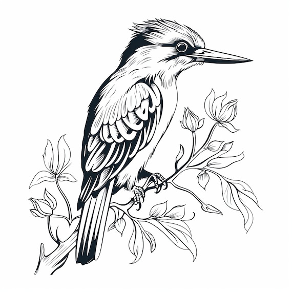 Kingfisher bird black line clip art illustration printable coloring page decal stencil sticker