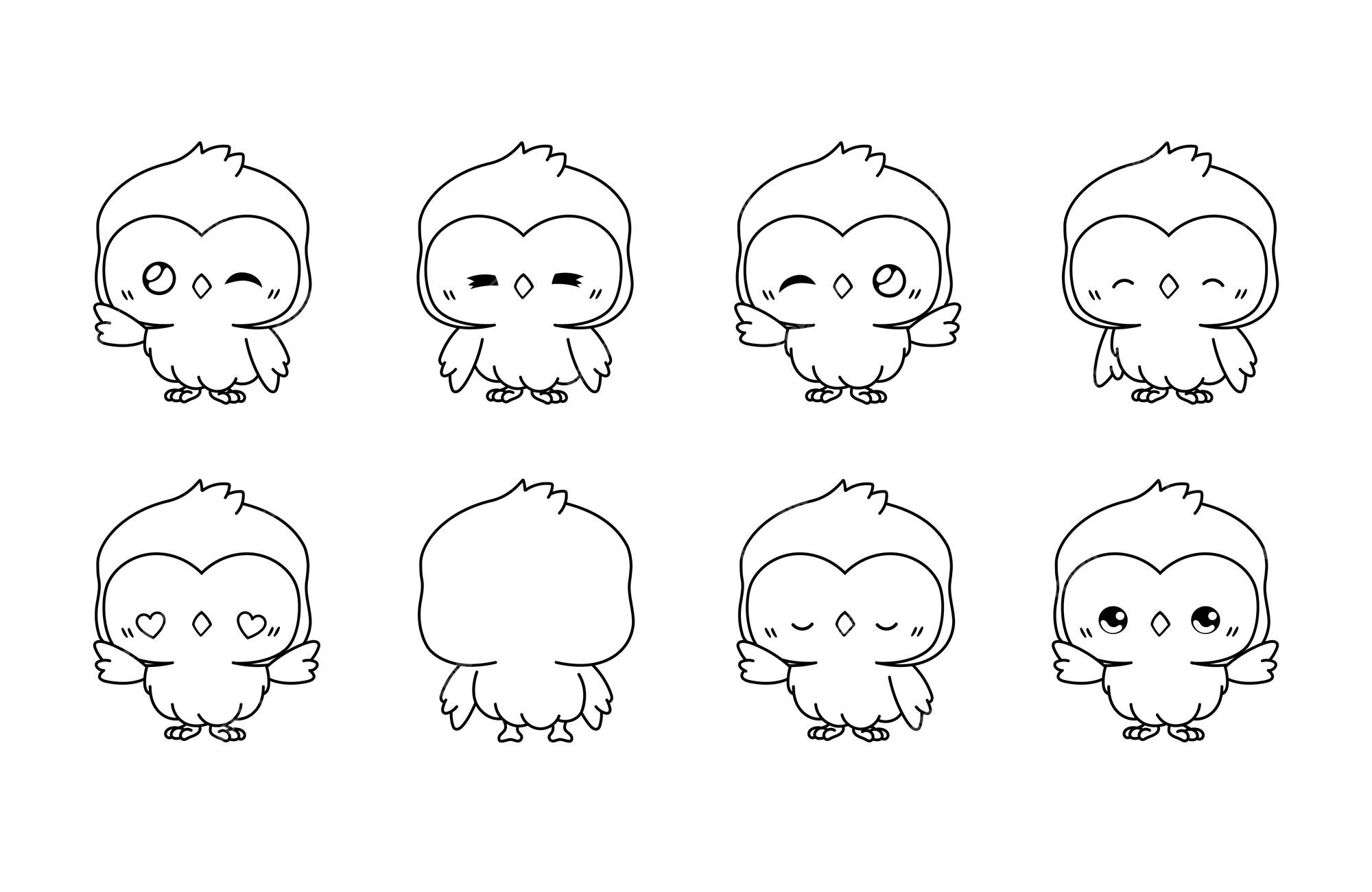 Premium vector set of kawaii isolated owl coloring page collection of cute vector cartoon bird outline for stickers