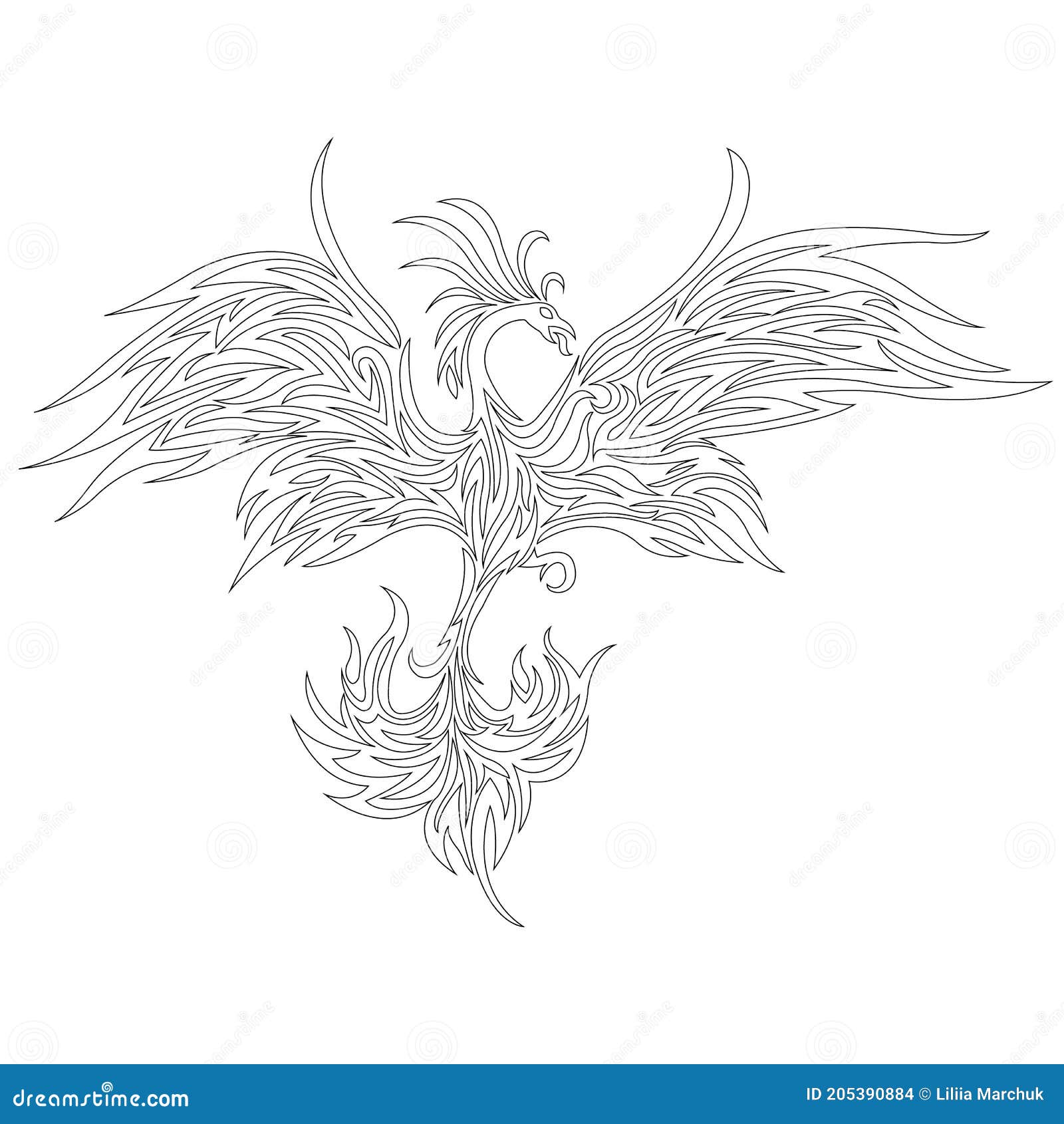 Phoenix bird in flight outline design for bird tattoo decor firebird logo coloring book clothing design emblem sticker stock vector