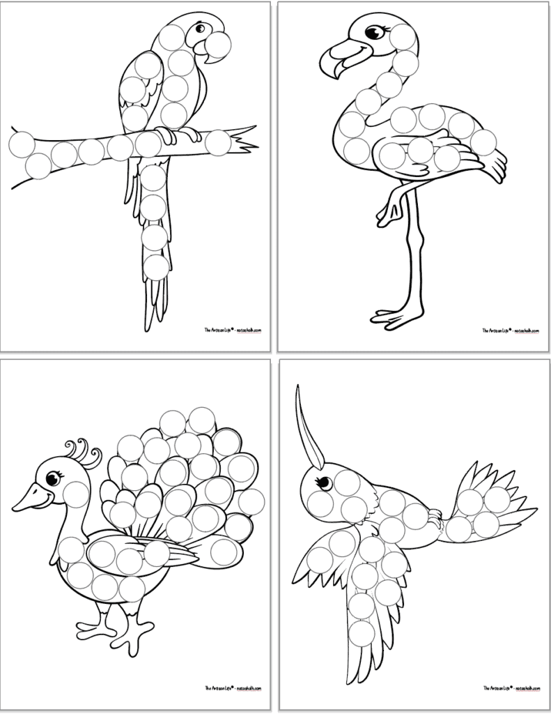 Free printable tropical bird do a dot pages for toddlers preschoolers