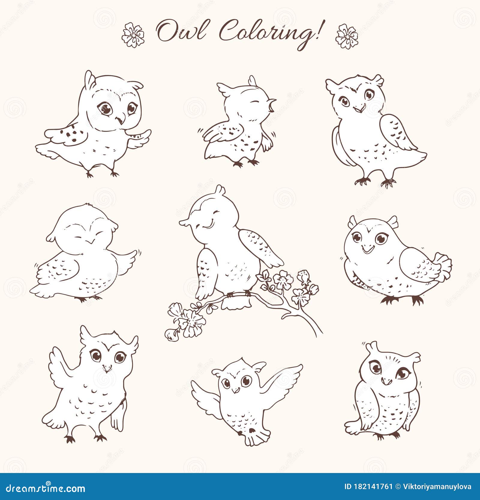 Owls coloring page cute birds stock vector