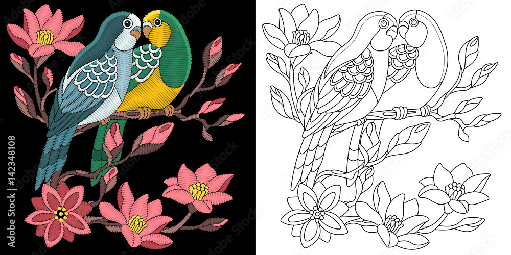 Embroidery parrots design collection of fancywork elements for patches and stickers coloring book page with budgie birds and apple blossom vector