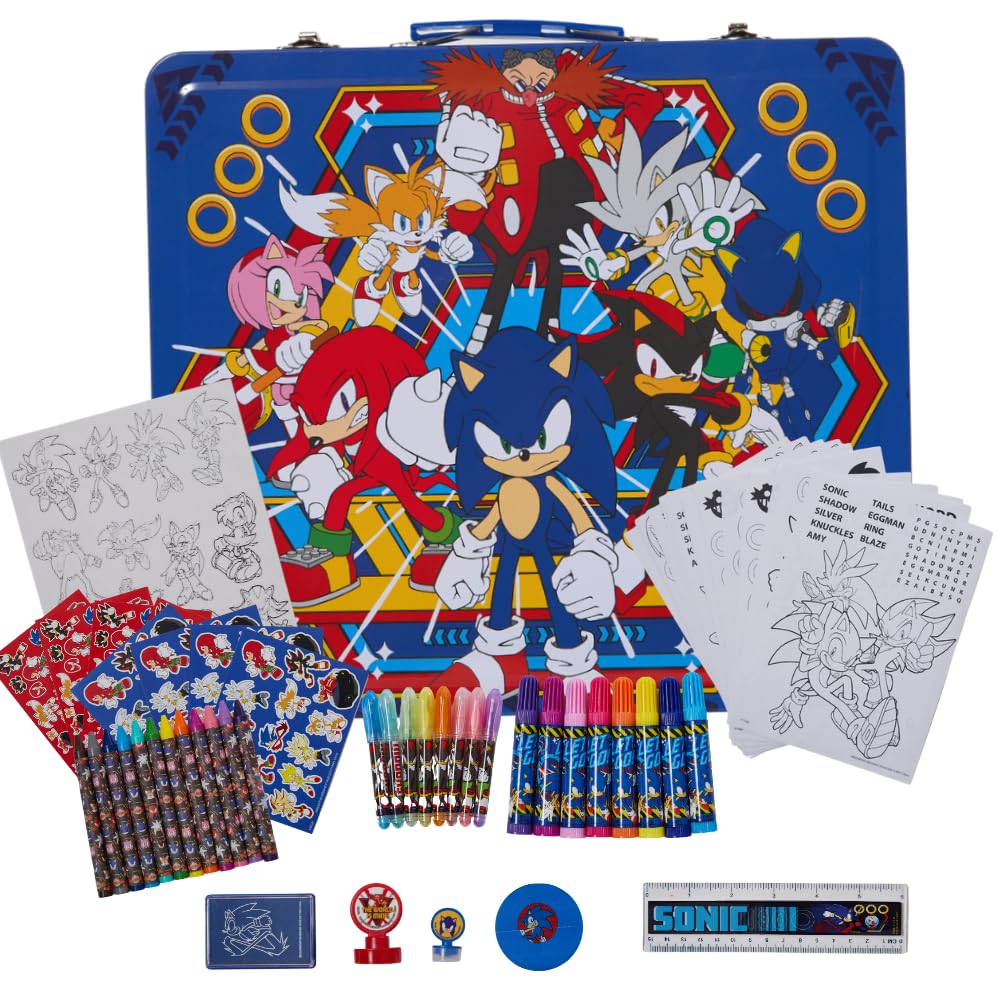 Innovative designs sonic the hedgehog deluxe activity set for kids with carrying tin coloring sheets stickers art supplies pieces toys games