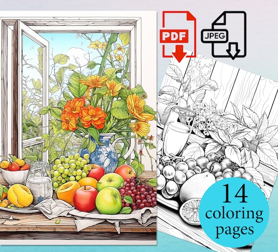 Still life window coloring pages adult activity kids books sheets instant download printable pdf jpeg