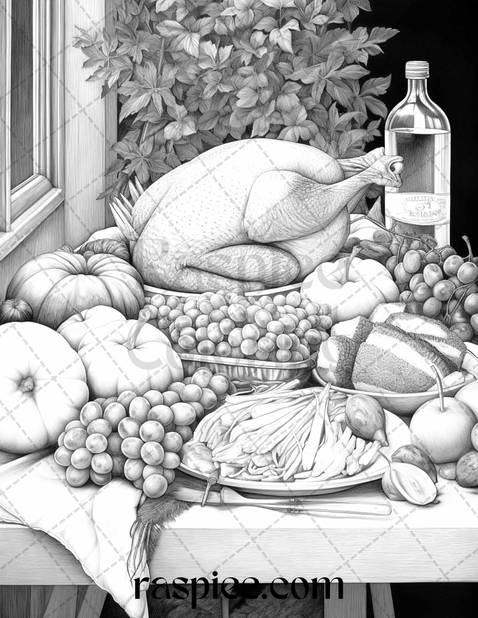 Thanksgiving dinner grayscale coloring pages for adults relaxing fall â coloring