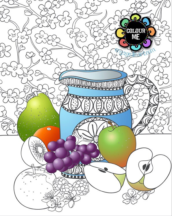 Printable colouring page adult colouring page still life with jug and fruit white background