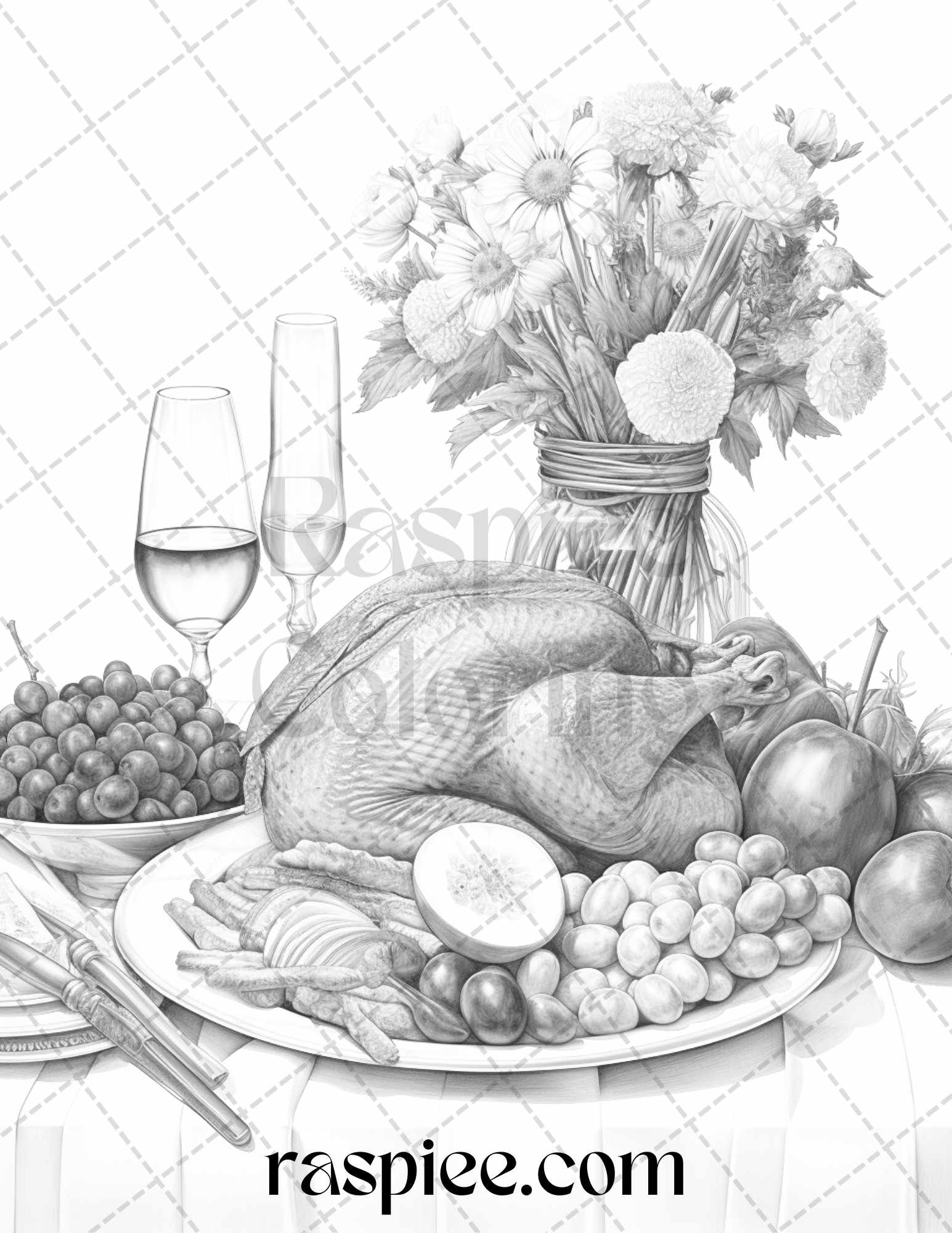 Thanksgiving dinner grayscale coloring pages for adults relaxing fall â coloring