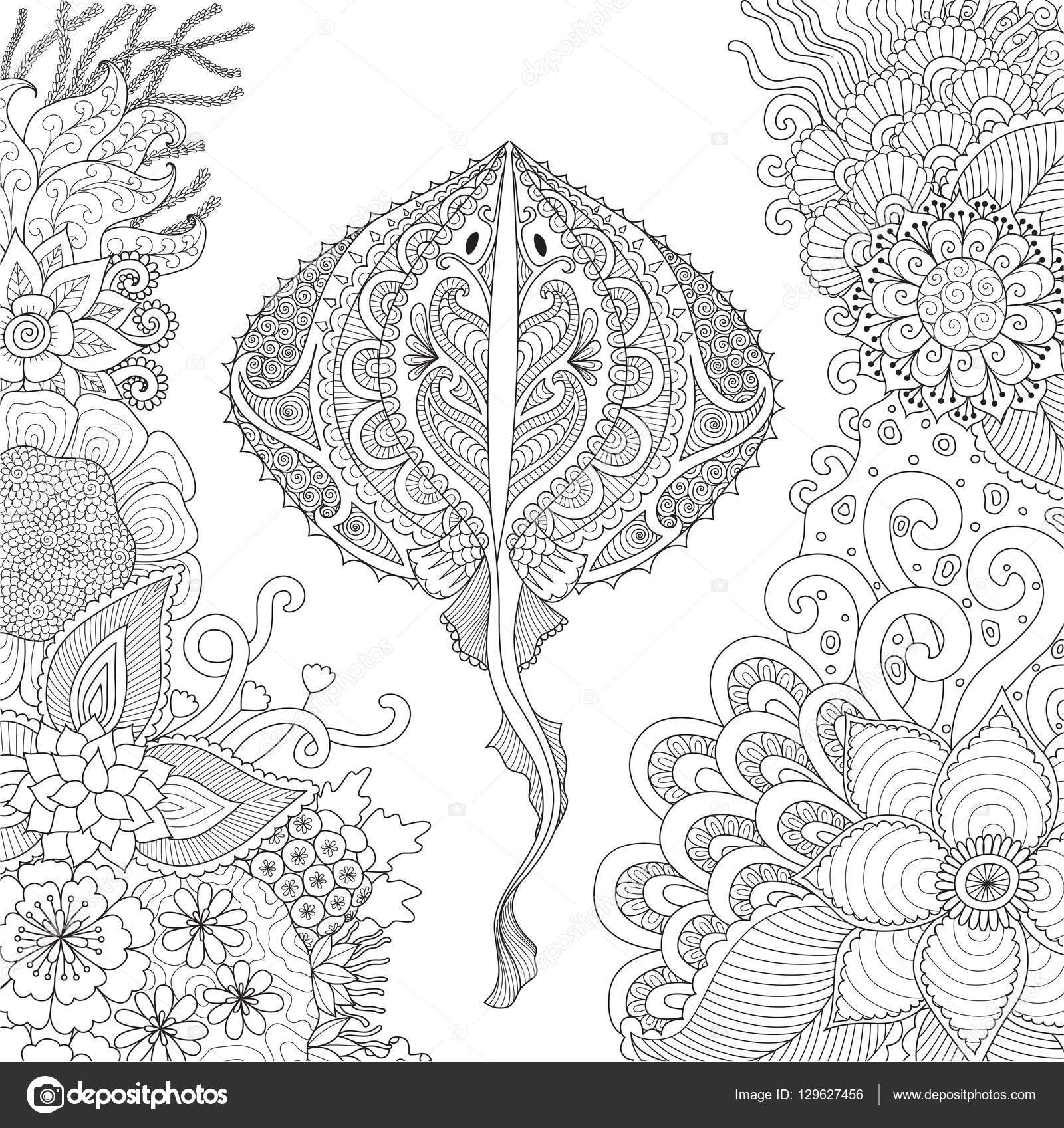 Zendoodle of stingray swimming among beautiful corals under water world for adult coloring book pages