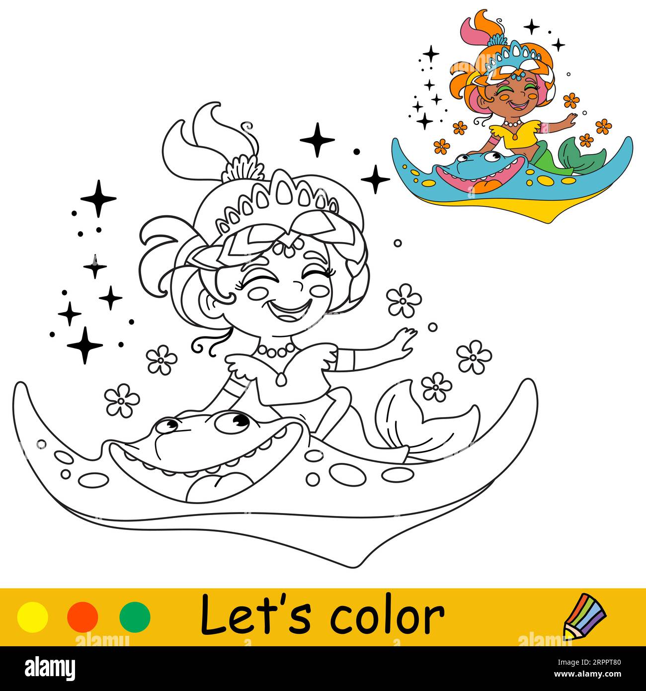 Cute and jouful mermaid riding a sea stingray vector cartoon black and white illustration kids coloring page with a color sample for print design stock vector image art