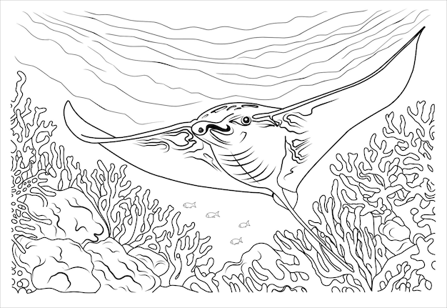 Premium vector deep sea manta ray coloring page cartoon stingray linear illustration for coloring