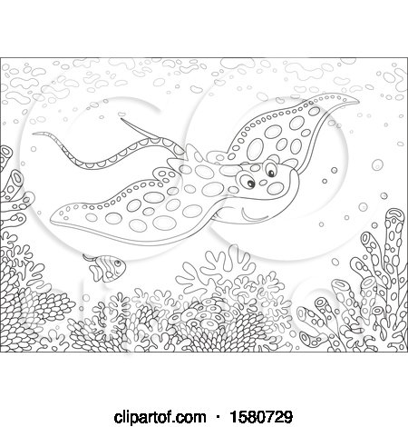 Clipart of a lineart stingray fish swimming over a reef