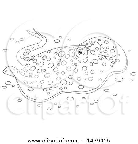 Clipart of a cartoon black and white lineart bluespotted stingray swimming