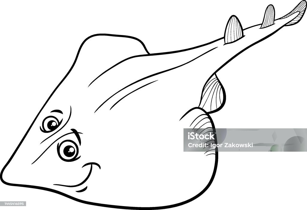 Cartoon xyster or guitarfish marine animal character coloring page stock illustration