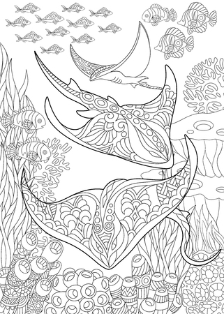 Coloring page for adult coloring book underwater background with stingray shoal tropical fishes and ocean plants anti