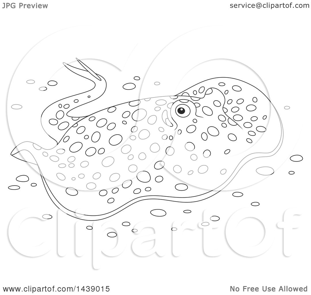 Clipart of a cartoon black and white lineart bluespotted stingray swimming