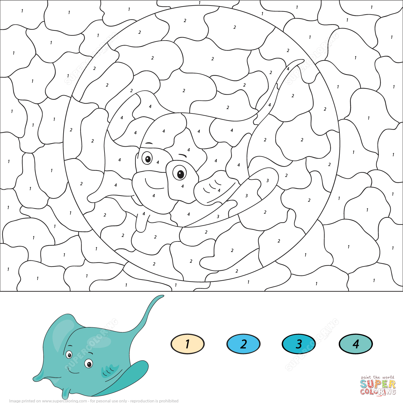 Electric stingray color by number free printable coloring pages