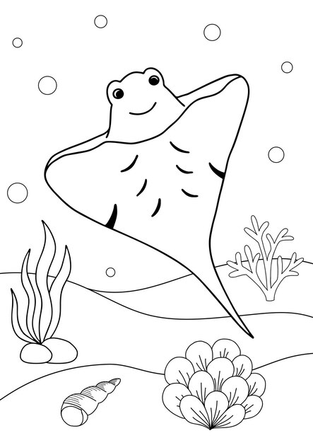 Premium vector cute cartoon stingray coloring book or page for kids marine life