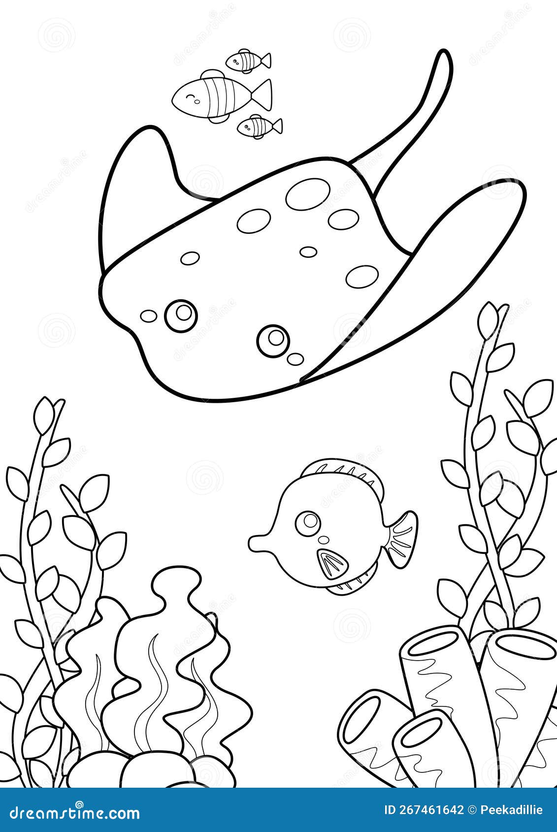Underwater animals stingray and fish coloring pages for kids and adult stock illustration
