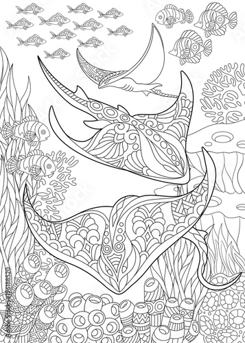 Coloring page for adult colouring book underwater background with stingray shoal tropical fishes and ocean plants antistress freehand sketch drawing with doodle and zentangle elements vector