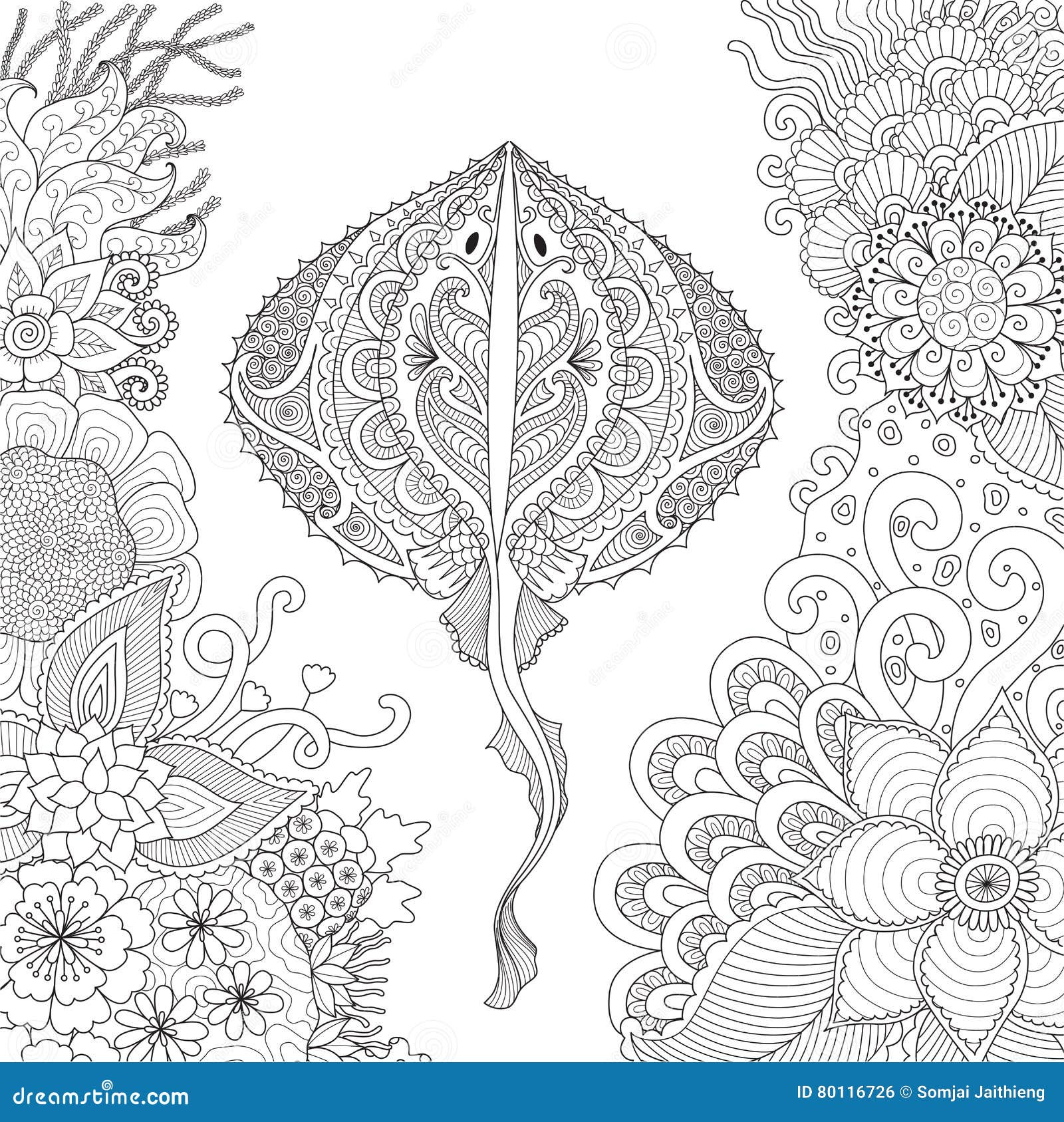 Zendoodle of stingray swimming among beautiful corals under water world for adult coloring book pages