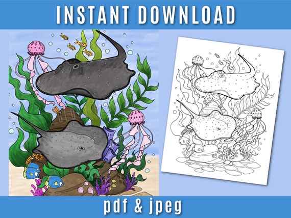 Stingray ocean coloring page printable adult coloring page ocean coloring page fish coloring page adult coloring page instant download