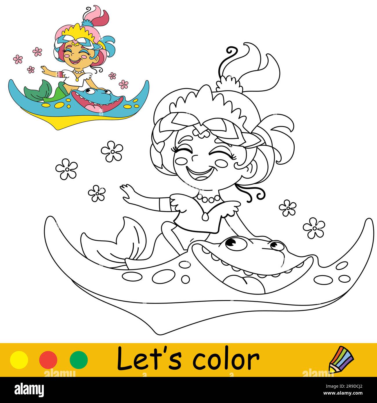 Cute and jouful mermaid riding a sea stingray vector cartoon black and white illustration kids coloring page with a color sample for print design stock vector image art