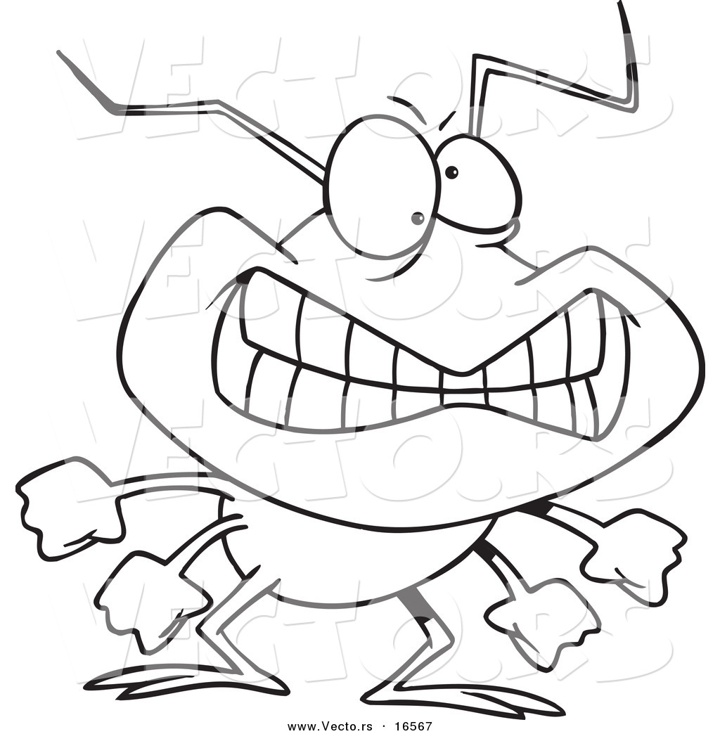 R of a cartoon grinning bad bug