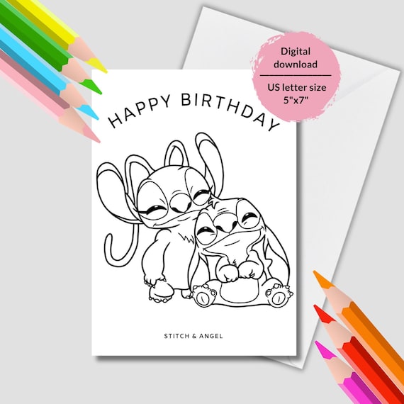 Angel and stitch printable coloring sheet lilo and stitch birthday card stitch coloring pages geburtstagskarte stitch und angel ausmalen instant download