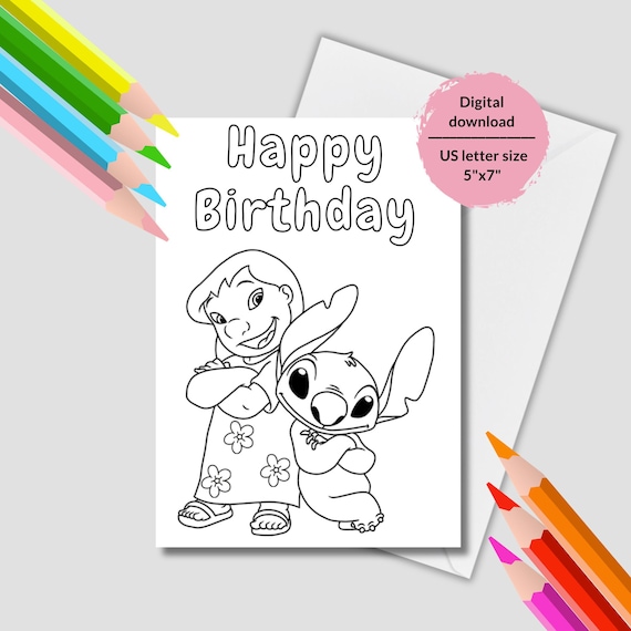 Lilo and stitch coloring page printable stitch birthday cards stitch birthday card instant download stitch coloring page happy birthday instant download