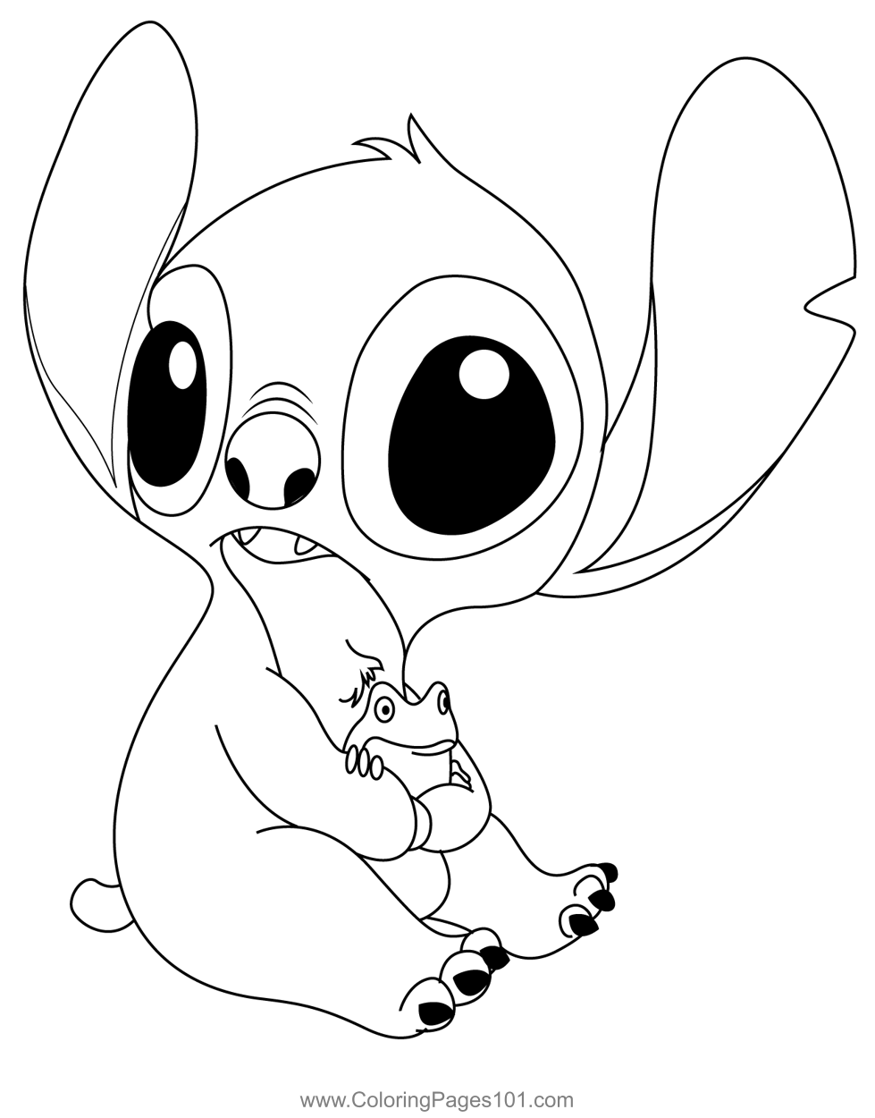 Stitch and frog coloring page for kids