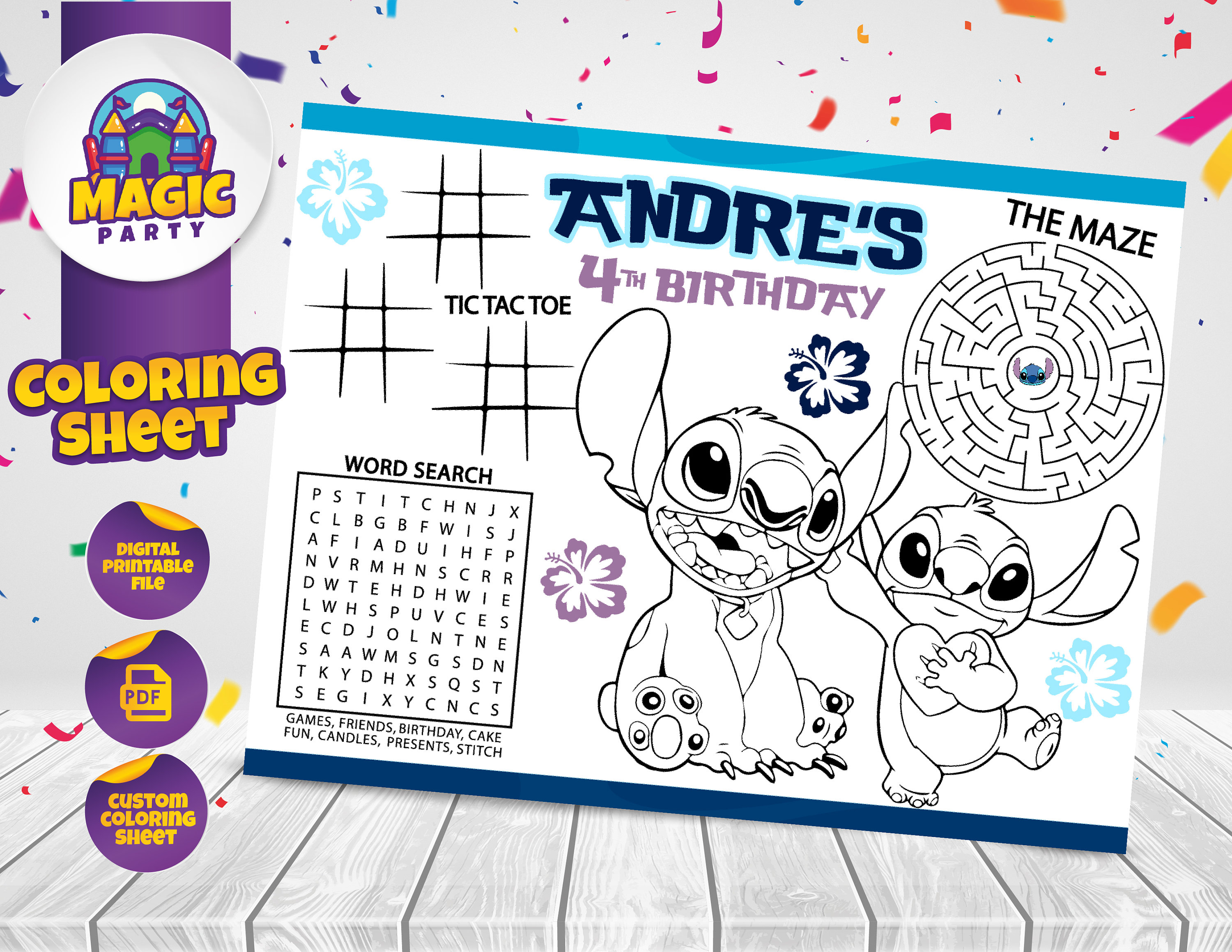 Stitch coloring sheet party activity birthday printable personalized not instant download digital file