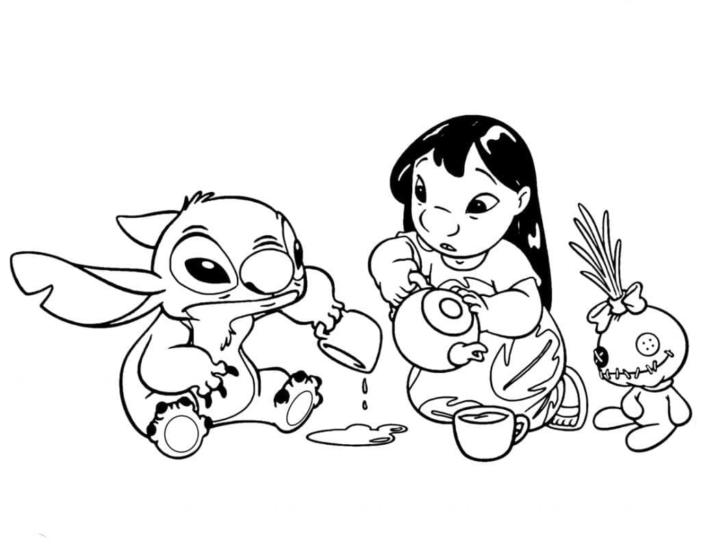 Lilo and stitch drinking tea coloring page