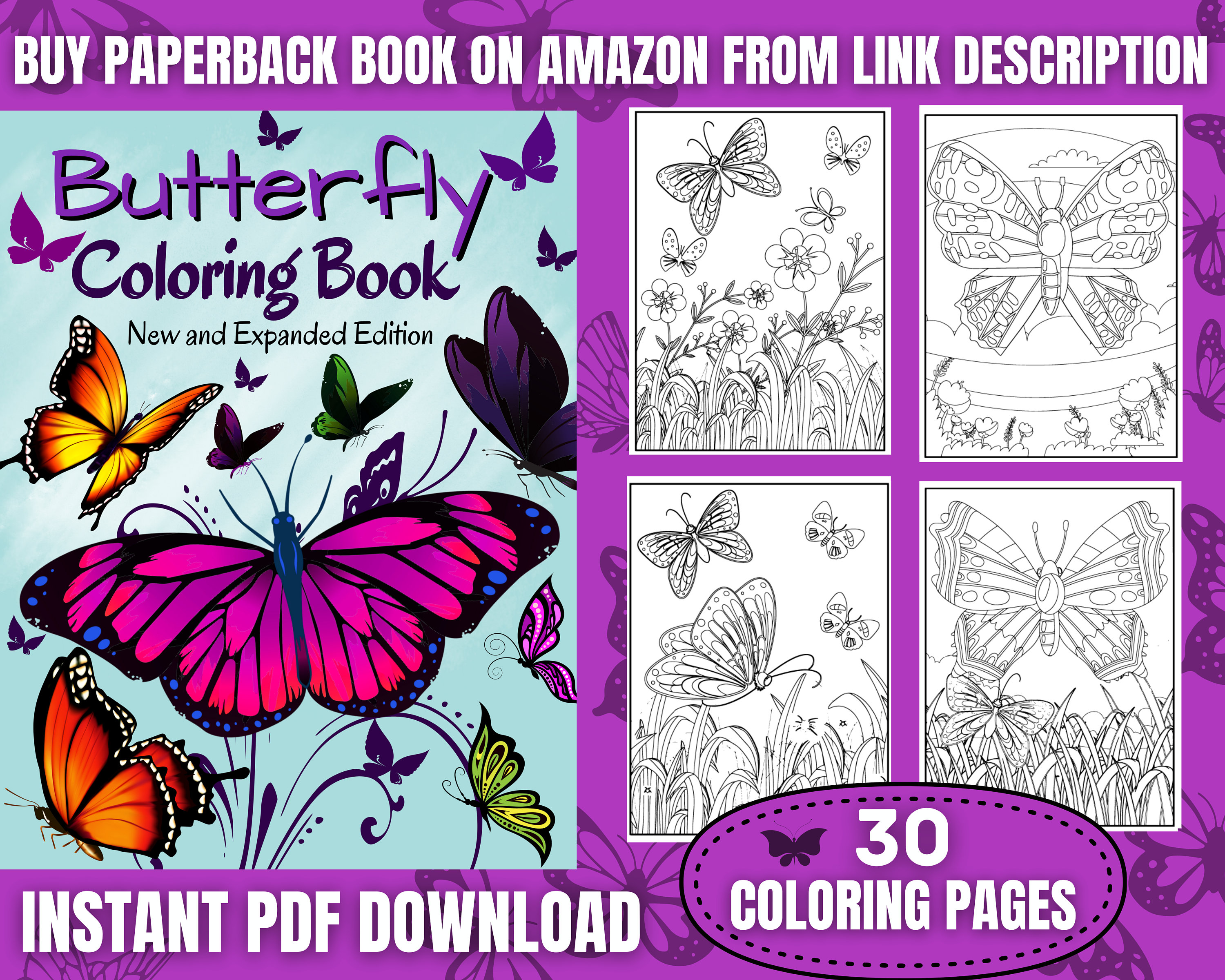 Butterfly coloring pages printable butterfly and flower coloring sheets for kids and adults coloring book party activity instant download