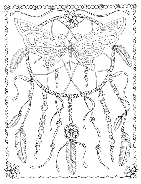 Butterfly dreamcatcher coloring page instant download digital file stamp adult coloringdigi filefantasybutterflies