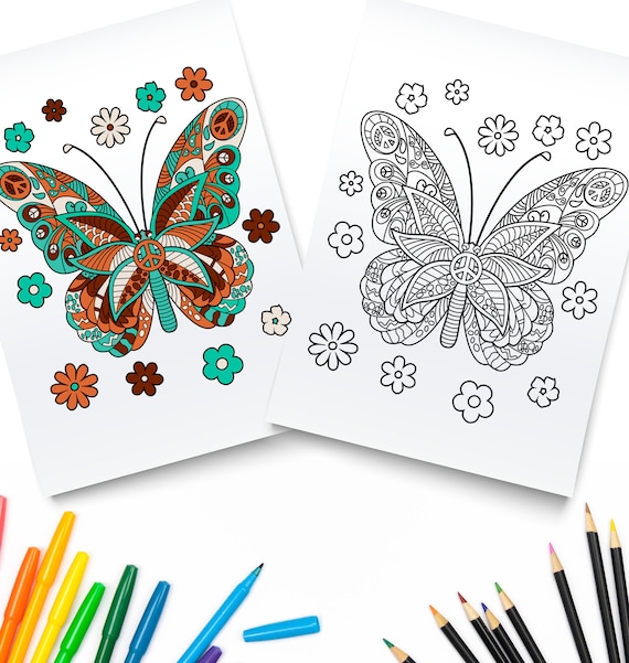 Butterfly printable coloring page mandala pdf digital download adult kids coloring book