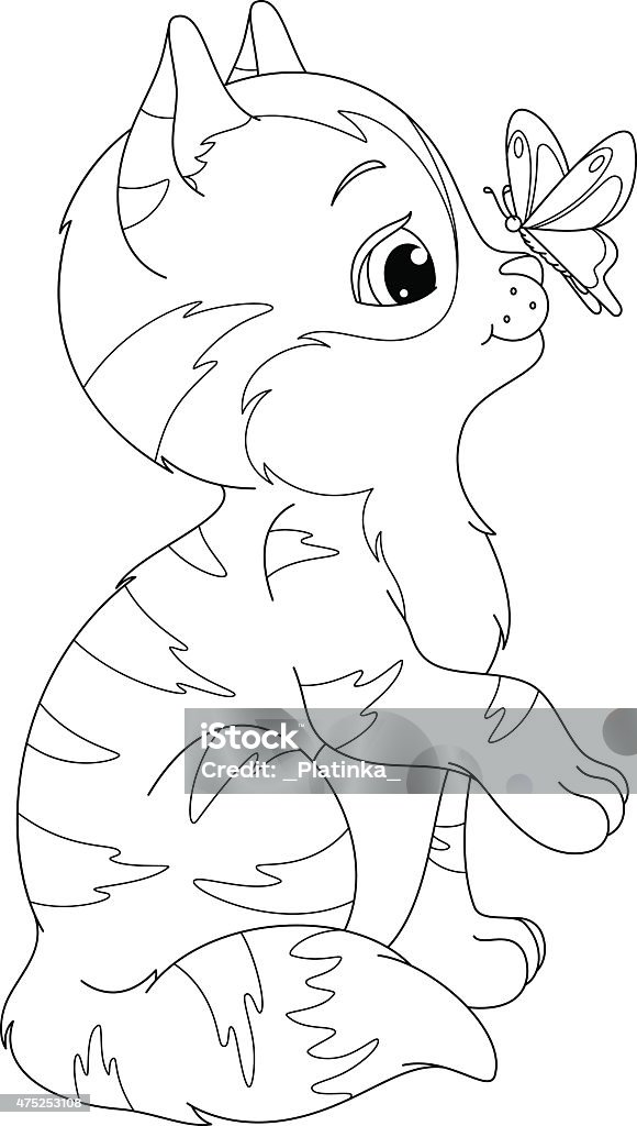 Kitten and butterfly coloring page stock illustration