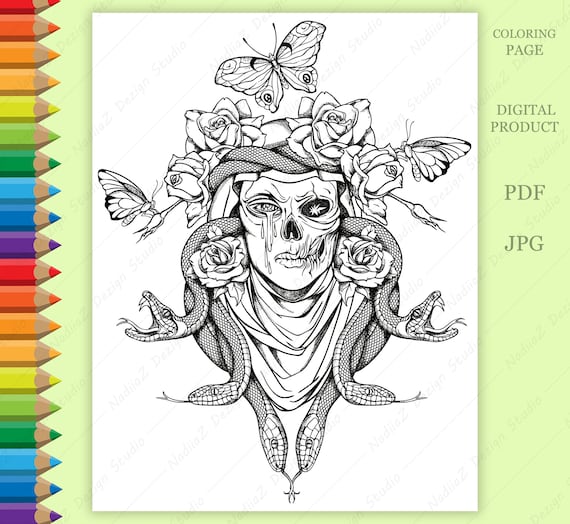 Horror coloring page of illustration with skull snakes butterflies and roses printable adult coloring page digital download