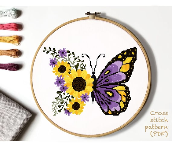 Floral butterfly modern cross stitch pattern insect flower counted cross stitch chart botanical nature hoop instant download pdf