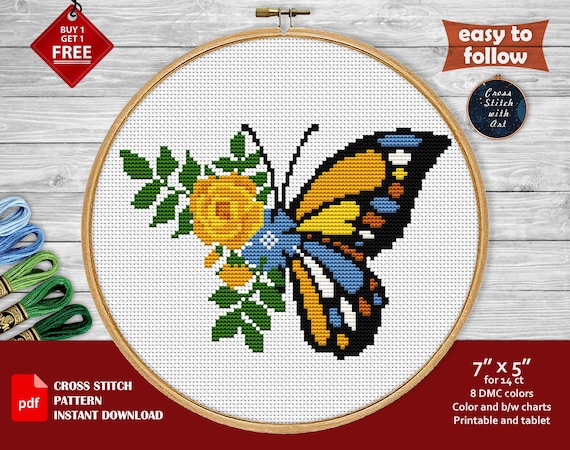 Butterfly cross stitch pattern flower cross stitch pdf floral cross stitch modern xstitch easy counted cross stitch butterfly embroidery