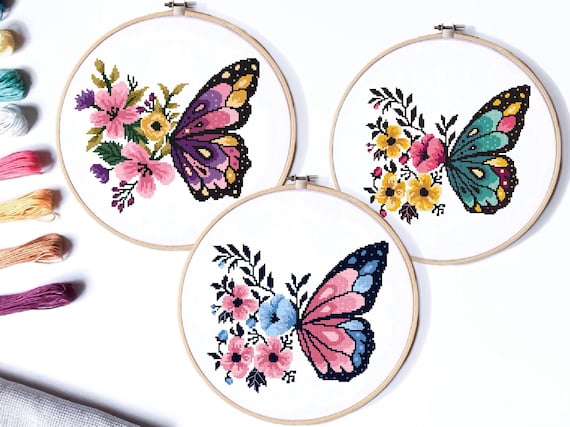 Butterflies modern cross stitch pattern flower counted cross stitch chart nature hoop embroidery instant download pdf download now