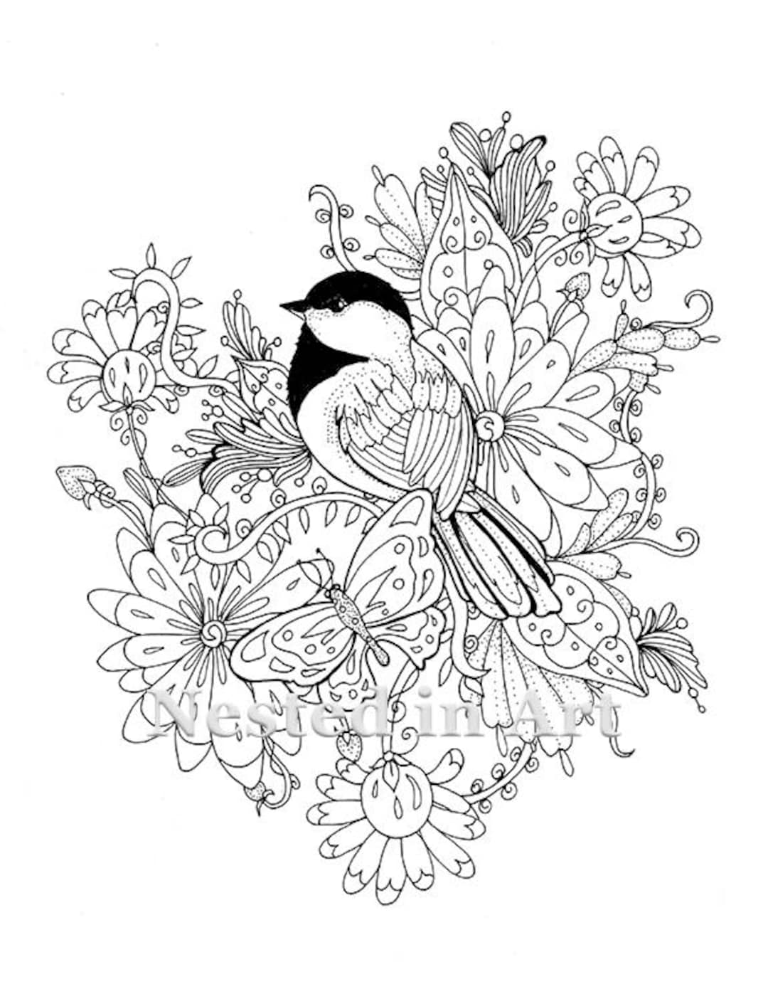 Adult coloring page chickadee with butterfly and flowers digital download