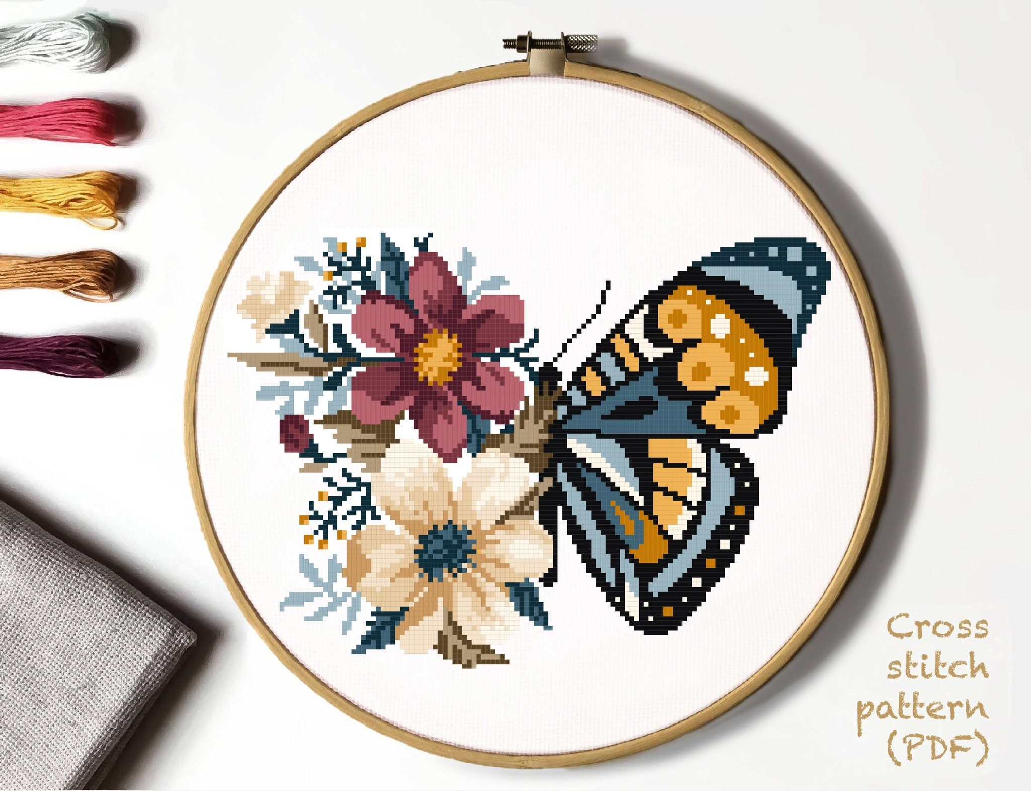 Floral butterfly modern cross stitch pattern flowers counted cross stitch chart insects nature hoop instant download pdf download now