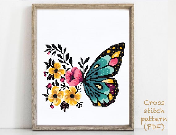 Butterflies modern cross stitch pattern flower counted cross stitch chart nature hoop embroidery instant download pdf download now