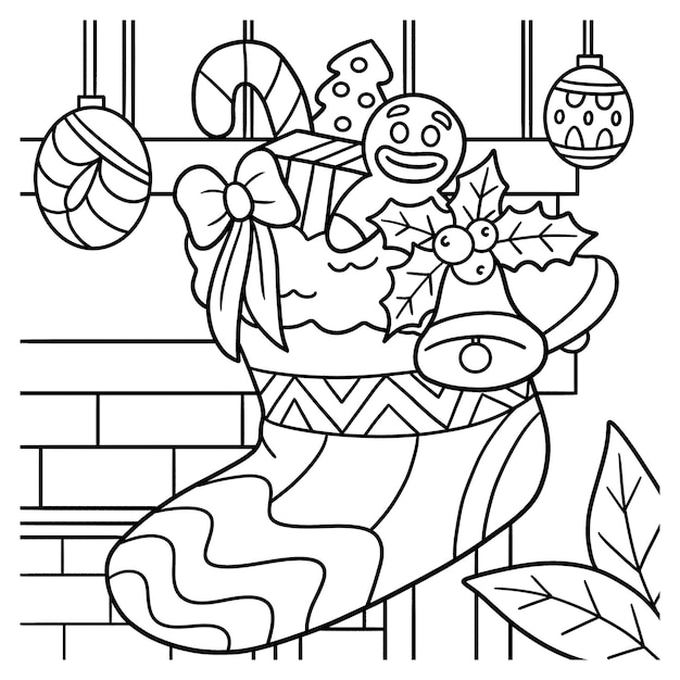 Premium vector christmas stocking coloring page for kids