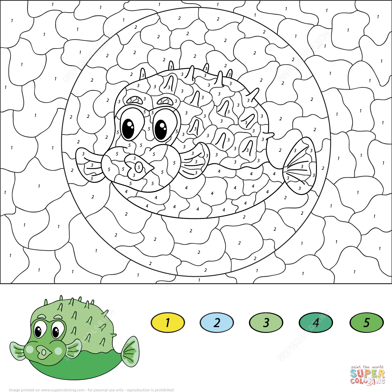 Cartoon pufferfish color by number free printable coloring pages