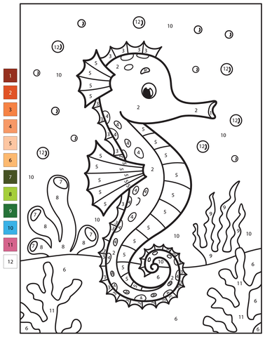 Seahorse color by number free printable coloring pages