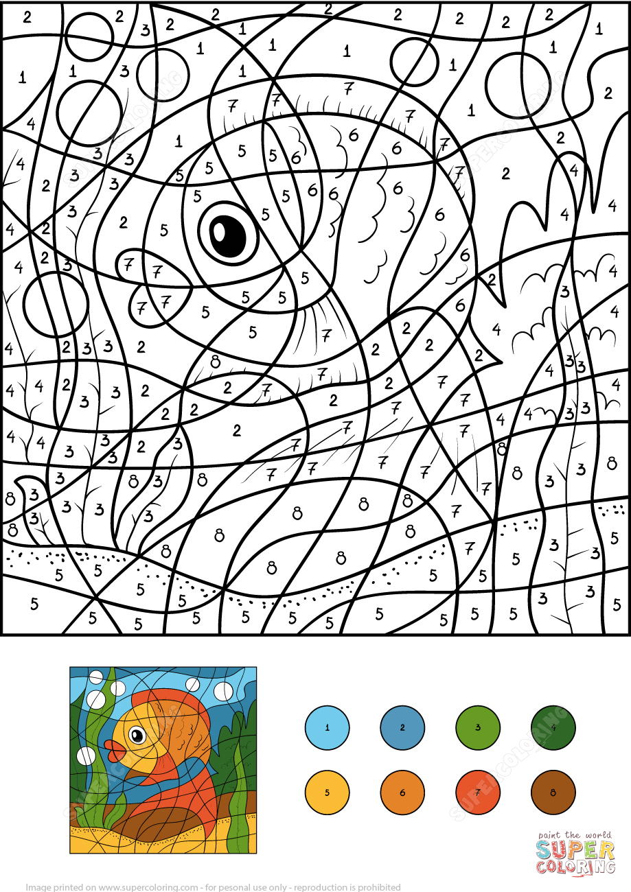 Golden fish color by number free printable coloring pages