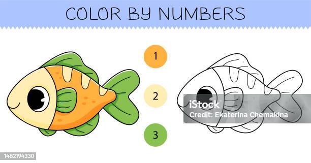 Fish coloring book with coloring example for kids coloring page with blue fish monochrome and color version vector childrens illustration stock illustration